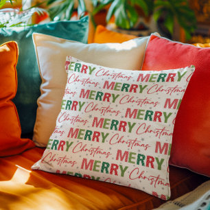 Merry Christmas Colourful Retro Typography Pattern Cushion