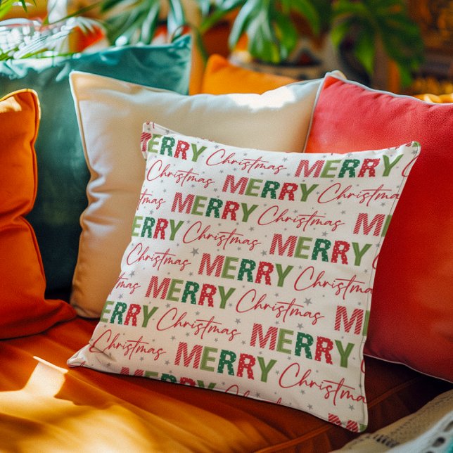 Merry Christmas Colourful Retro Typography Pattern Cushion (Creator Uploaded)