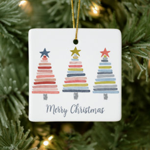 Merry Christmas Colourful Stacked Trees Ceramic Ornament