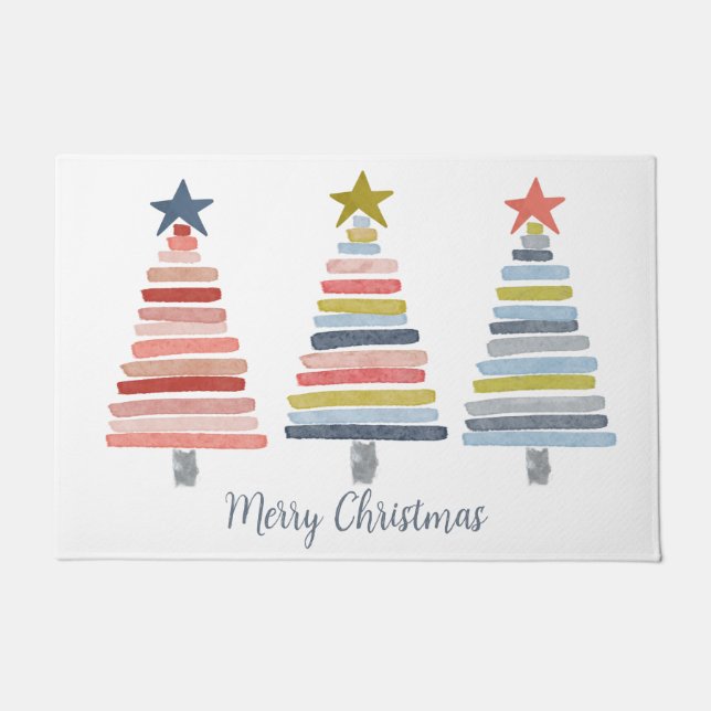 Merry Christmas Colourful Stacked Trees Doormat (Front)