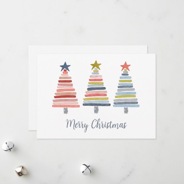 Merry Christmas Colourful Stacked Trees Holiday Card (Front/Back In Situ)