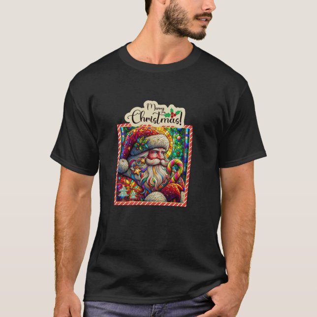 Merry Christmas colourful stained glass Santa Cand T-Shirt (Front)