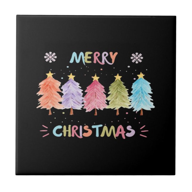 Merry Christmas Colourful Trees Essential Ceramic Tile (Front)