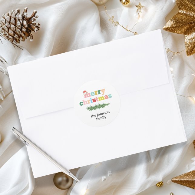 Merry Christmas! Colourful,Typographen,santa hat Classic Round Sticker (Creator Uploaded)