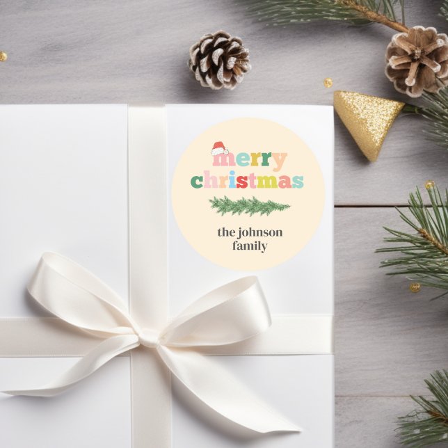Merry Christmas! Colourful, typography,santa hat Classic Round Sticker (Merry Christmas! Colorful, typography, script font, santa hat, beige, classic round sticker.)