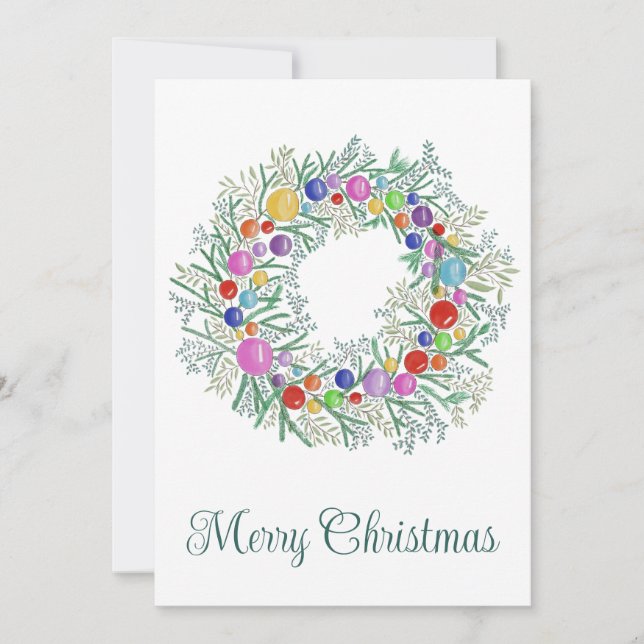 Merry Christmas, colourful wreath Holiday Card (Front)