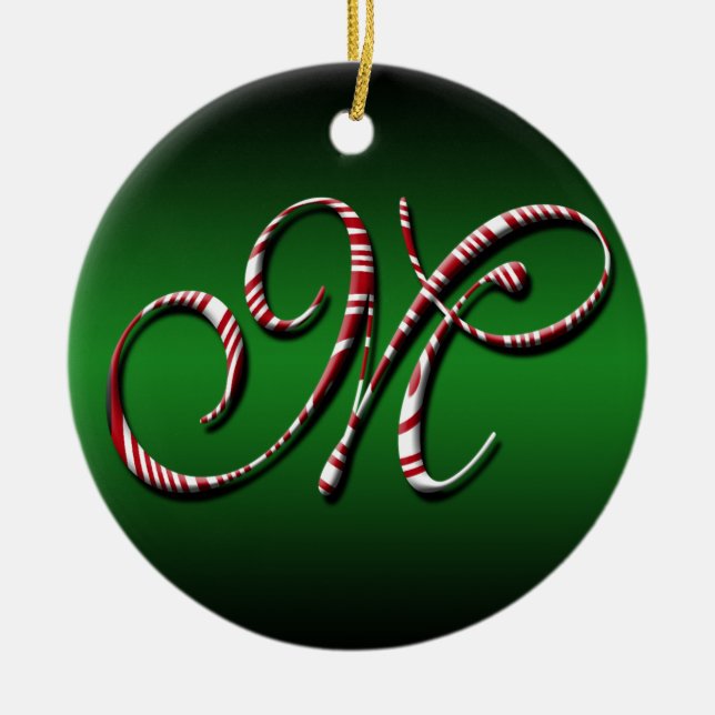 Merry Christmas Colours Green Red White Letter M Ceramic Ornament (Front)
