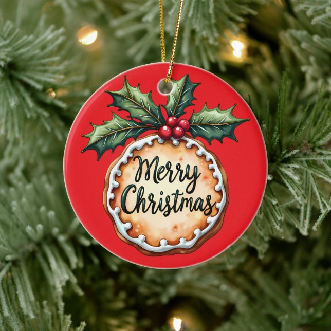 Merry Christmas Cookie with Holly Berries Ceramic Ornament (Tree)