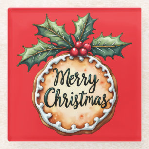 Merry Christmas Cookie with Holly Berries Glass Coaster