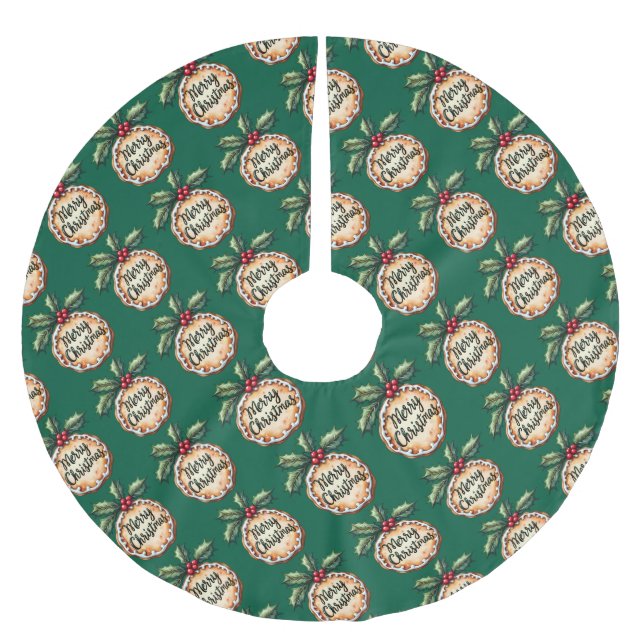 Merry Christmas Cookie with Holly Berries Green Brushed Polyester Tree Skirt (Front)