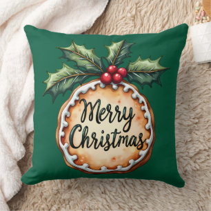 Merry Christmas Cookie with Holly Berries Green Cushion