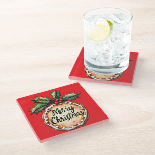 Merry Christmas Cookie with Holly Berries Red Glass Coaster