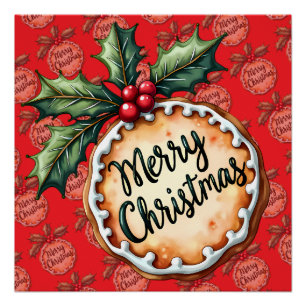 Merry Christmas Cookie with Holly Berries Red Poster