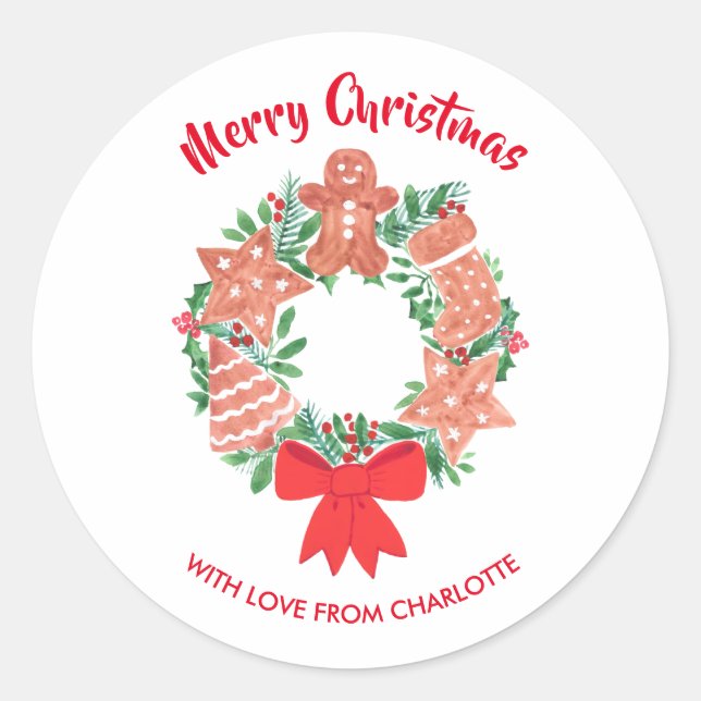 Merry Christmas Cookie Wreath Custom Name Classic Round Sticker (Front)