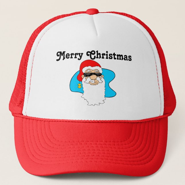 Merry Christmas Cool Santa In Sunglasses Trucker Hat (Front)