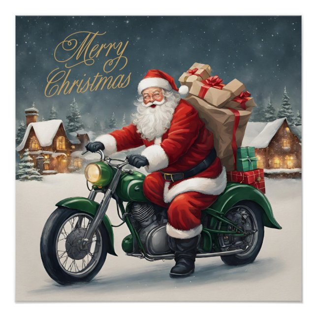 Merry Christmas Cool Vintage Santa on Motorcycle Poster (Front)