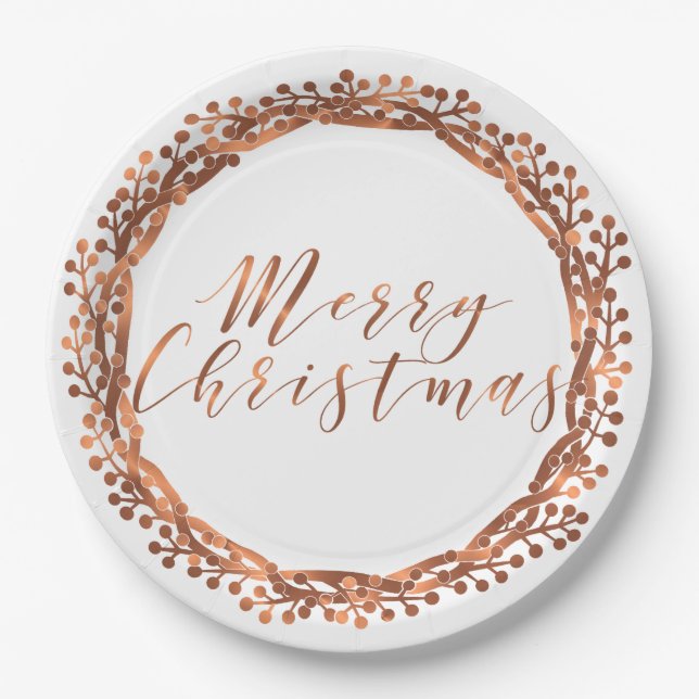 Merry Christmas copper-look berry wreath design Paper Plate (Front)