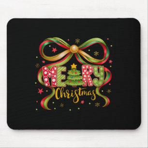 Merry Christmas Coquette Bow Preppy Xmas Tree Girl Mouse Pad