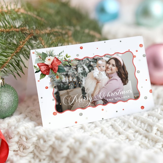 Merry Christmas Coquette Bow, Ribbon Frame 1 Photo Holiday Card (Creator Uploaded)