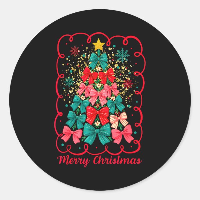 Merry Christmas Coquette Bow Tree Retro Xmas For W Classic Round Sticker (Front)