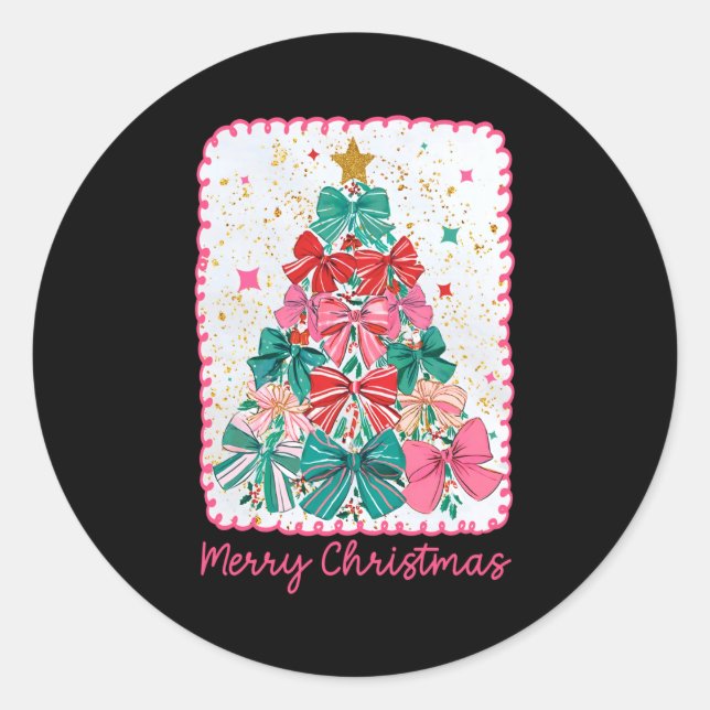 Merry Christmas Coquette Bow Xmas Tree Holiday Gir Classic Round Sticker (Front)