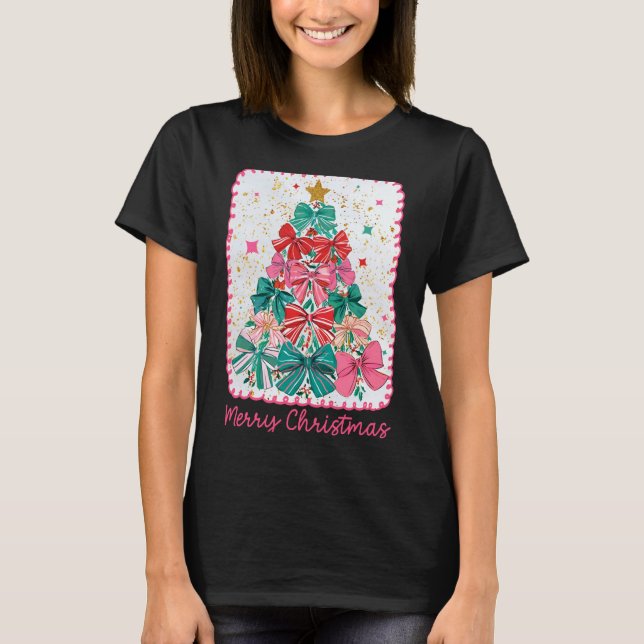 Merry Christmas Coquette Bow Xmas Tree Holiday Gir T-Shirt (Front)
