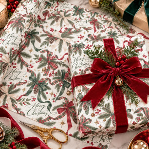 Merry Christmas Coquette Ribbon & Evergreen Tartan Wrapping Paper