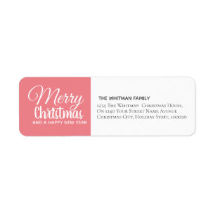 Merry Christmas Coral Pink Family Return Address Label