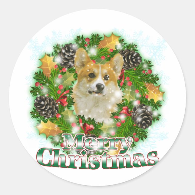 Merry Christmas Corgi Classic Round Sticker (Front)