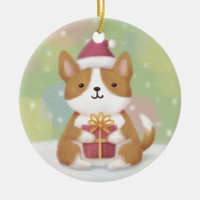 Merry Christmas: Corgi Illustration Art Ceramic Ornament (Front)