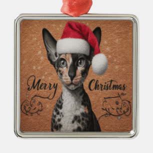 Merry Christmas Cornish rex Cat, Xmas Santa Kitty Metal Ornament