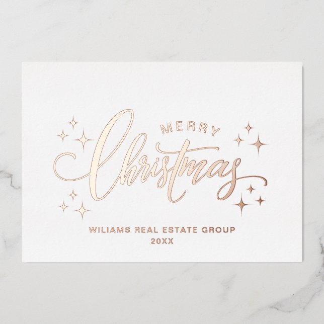 Merry Christmas Corporate Greeting Rose Gold Foil Holiday Card (Front)