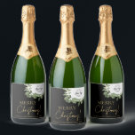 Merry Christmas Corporate logo Wreath Holiday Sparkling Wine Label<br><div class="desc">Elevate your corporate holiday gifting with these Custom Merry Christmas Sparkling Wine Labels. Personalise each label with your company logo, message, and name against a chic black background with "Merry Christmas" in a refined printed gold hue. A stylish green and white holiday wreath beautifully frames your logo, adding a festive...</div>