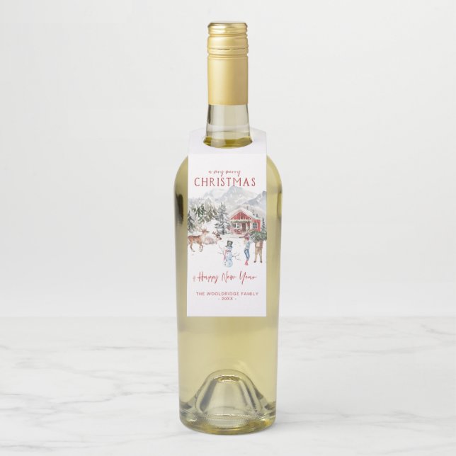 Merry Christmas | Cosy Rustic Cabin Holiday Bottle Tag (On Bottle)