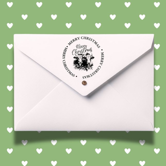 Merry Christmas Country Cow theme Self-inking Stamp (perfect for heartfelt cards and festive crafts. Order yours today!)