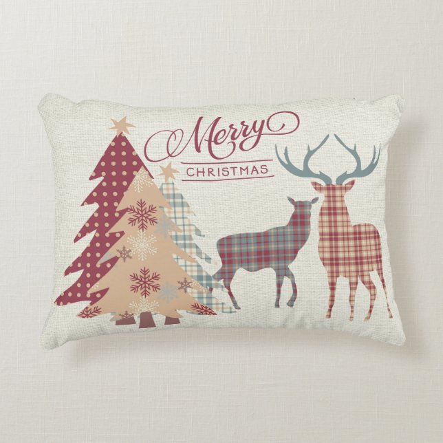 Merry Christmas Country Plaids, Deer, Trees Pillow (Front)