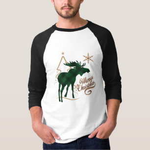 Merry Christmas Country Style Green Plaid Moose T-Shirt