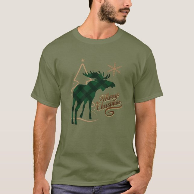 Merry Christmas Country Style Green Plaid Moose T-Shirt (Front)
