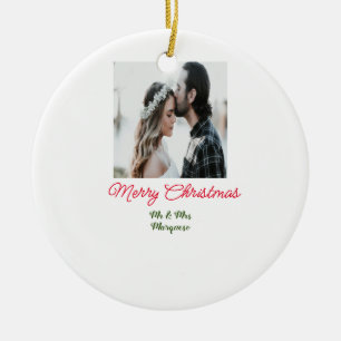 Merry Christmas couple photo add name happy holida Ceramic Ornament