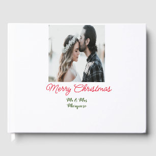 Merry Christmas couple photo add name happy holida Guest Book