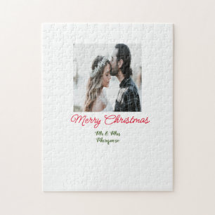 Merry Christmas couple photo add name happy holida Jigsaw Puzzle