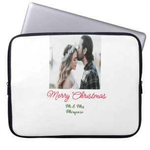 Merry Christmas couple photo add name happy holida Laptop Sleeve