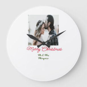 Merry Christmas couple photo add name happy holida Large Clock