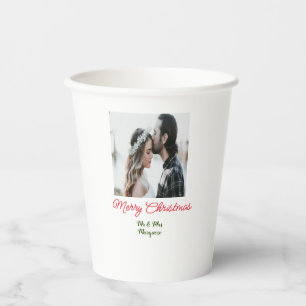 Merry Christmas couple photo add name happy holida Paper Cups