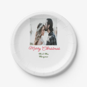 Merry Christmas couple photo add name happy holida Paper Plate