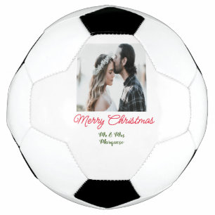 Merry Christmas couple photo add name happy holida Soccer Ball