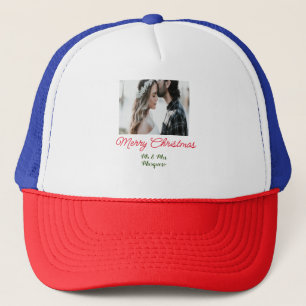 Merry Christmas couple photo add name happy holida Trucker Hat