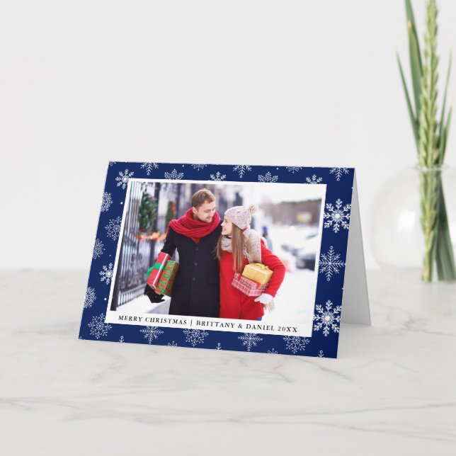 Merry Christmas Couple Photo Snowflakes Blue Holiday Card (Front)