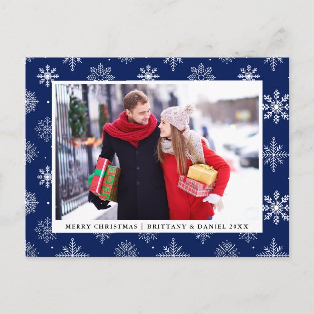 Merry Christmas Couple Photo Snowflakes Blue Holiday Postcard (Front)