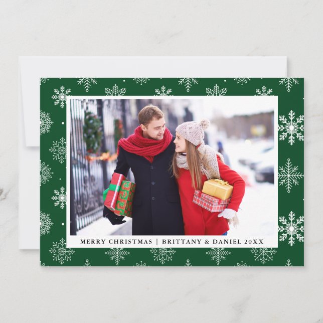 Merry Christmas Couple Photo Snowflakes Card Green (Front)
